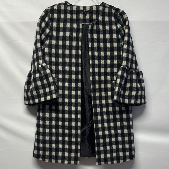 Lipslide Jackets & Blazers - Lipslide Women’s Buffalo Plaid No-Collar Coat Black White Ruffle Bell Sleeves M